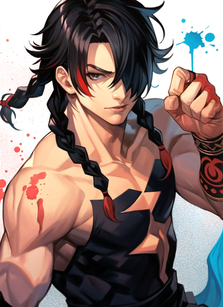 3978524991-3310753068-hungry clicker,  1boy, bare shoulders, black hair, braid, clenched hand, fighting stance, hair over one eye, male focus, muscula.png